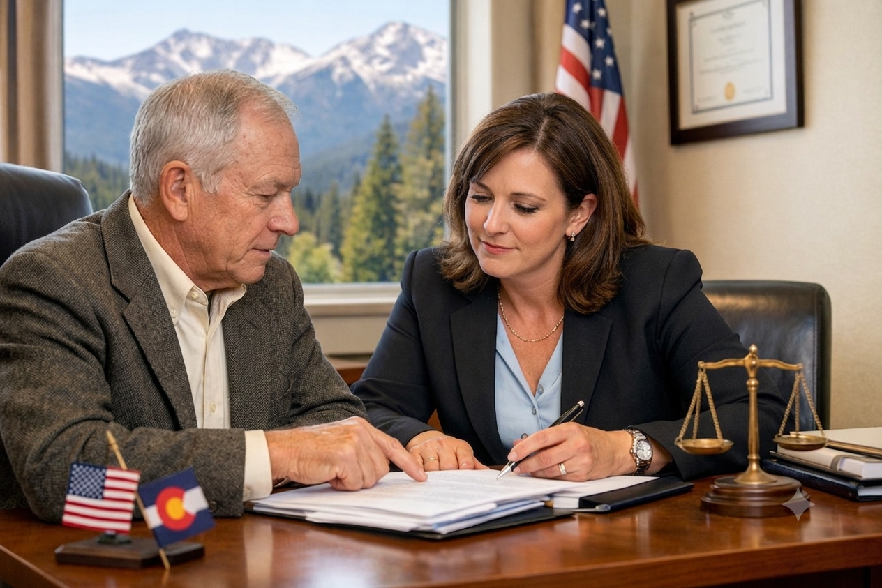 An older man in a jacket and a woman in a suit review documents together at an office desk.