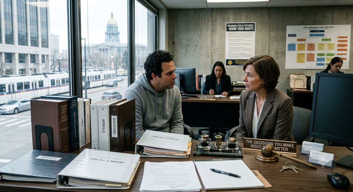 A man in a gray hoodie and a female attorney in a blazer are seated across a desk piled with legal documents and files inside an office with a large window. Visible through the window are a city street with a light rail train and the Colorado State Capitol building in the background.