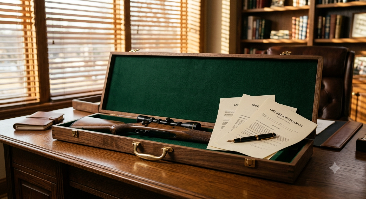 An open wooden presentation case on an oak desk containing a hunting rifle and legal documents titled 'Last Will and Testament'.