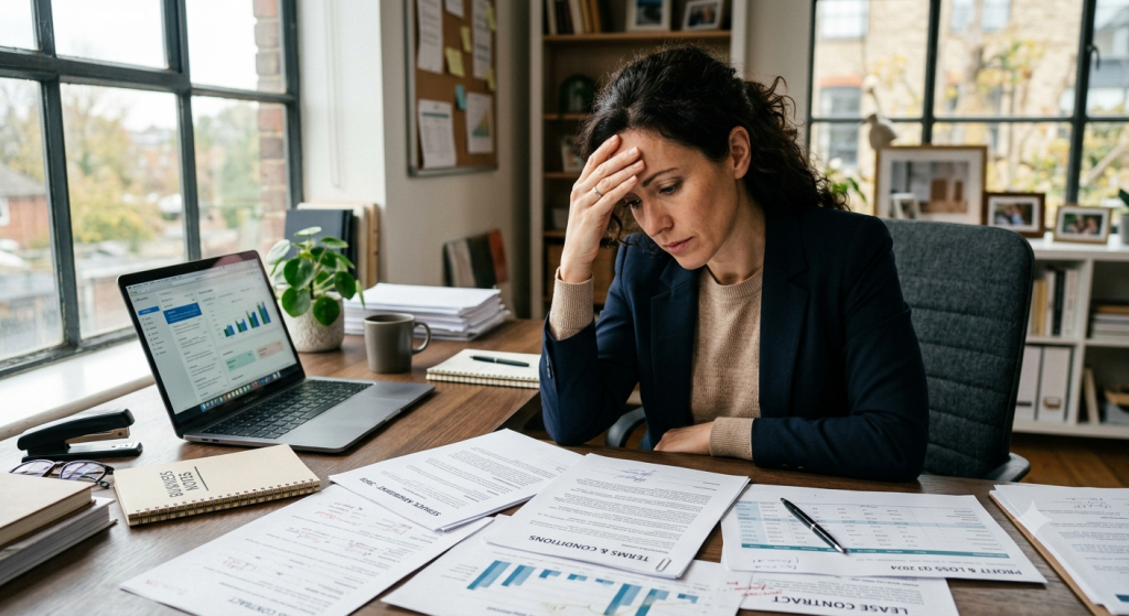 A woman in a blazer sitting at a wooden desk, holding her forehead in thought. She is surrounded by numerous papers, appearing overwhelmed or stressed.