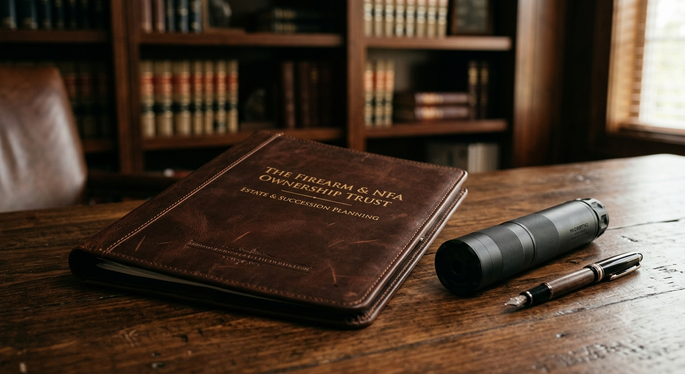 A leather legal trust portfolio on a desk next to a black suppressor and a fountain pen.