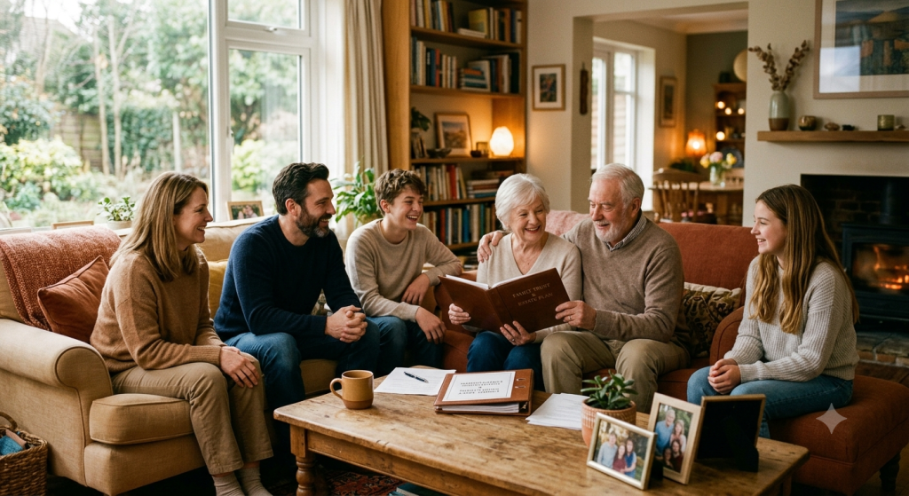 A warm photograph captures a multi-generational family (parents, two teenagers, and grandparents) gathered on a living room sofa, sharing a large family history album, with papers and framed photos on a wooden coffee table in the foreground.