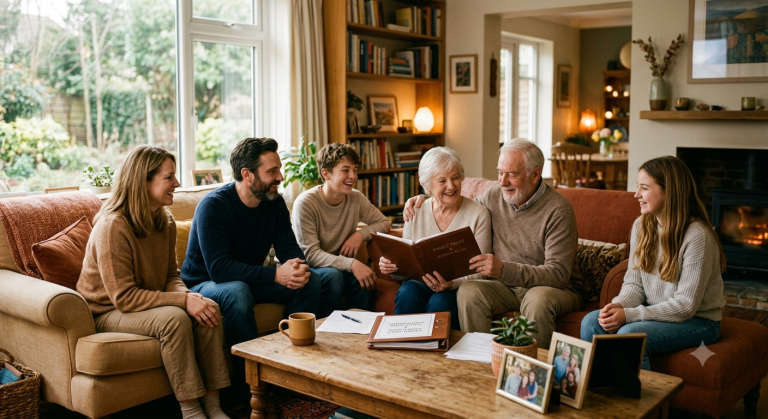 A warm photograph captures a multi-generational family (parents, two teenagers, and grandparents) gathered on a living room sofa, sharing a large family history album, with papers and framed photos on a wooden coffee table in the foreground.