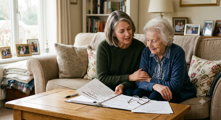 An adult daughter gently comforts her elderly mother while reviewing estate planning documents together in a cozy living room.